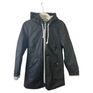 Barneys New York Raincoat Womens Medium Lined Hooded Black Mid Length Full Zip